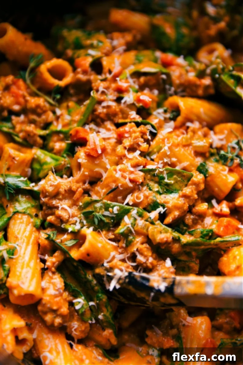 A pot filled with freshly made Sausage Rigatoni, showing the creamy tomato sauce, crumbled Italian sausage, and wilted spinach intertwined with the ridged pasta.