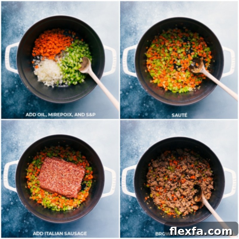 Step-by-step images showing olive oil, finely diced onions, carrots, and celery (mirepoix), followed by Italian sausage being added to a pot and sautéed.