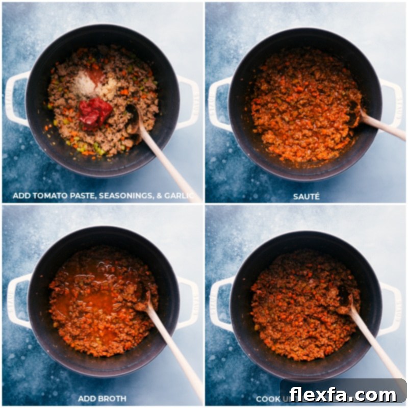 Process shots of the creamy tomato sauce for Sausage Rigatoni. Showing tomato paste, various seasonings, minced garlic, and chicken broth being combined and simmered to create a rich base.