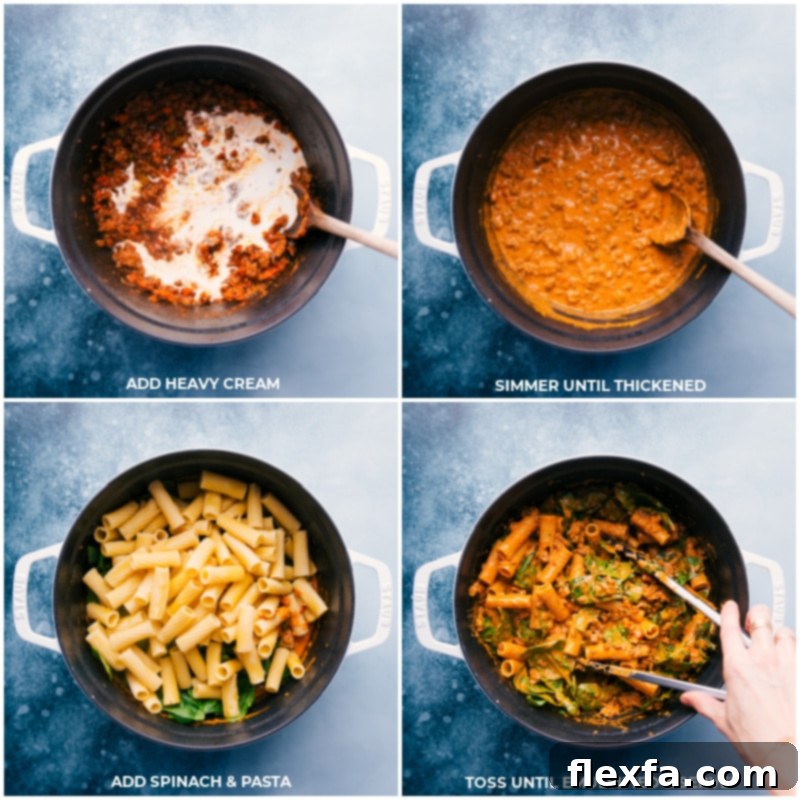 Process shots showing heavy cream, fresh baby spinach, and perfectly cooked rigatoni being added to the rich Italian sausage sauce and vigorously tossed together.