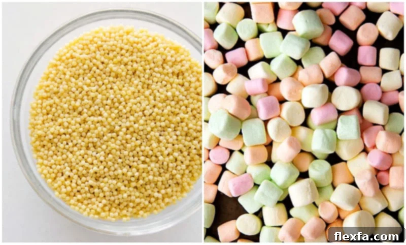 Images of tiny acini de pepe pasta, resembling miniature pearls, alongside fluffy miniature marshmallows, key ingredients for Frog Eye Salad.