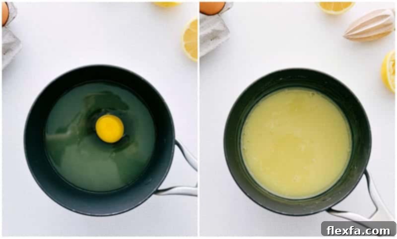 Process shot showing the preparation of the creamy custard base for Frog Eye Salad in a saucepan.