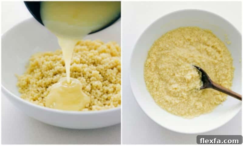 Process shot: pouring the cooled custard mixture over the cooked and chilled acini de pepe pasta.