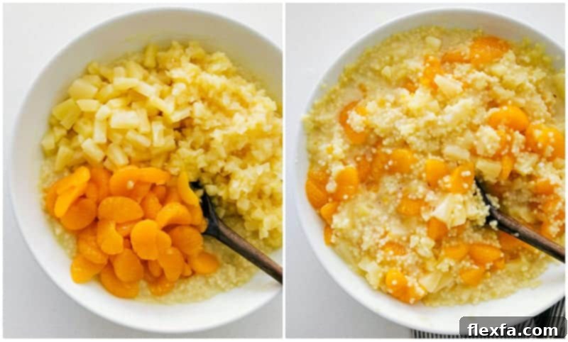 A colorful array of ingredients for Frog Eye Salad, including acini de pepe pasta, canned pineapples, mandarin oranges, eggs, sugar, and whipped topping.