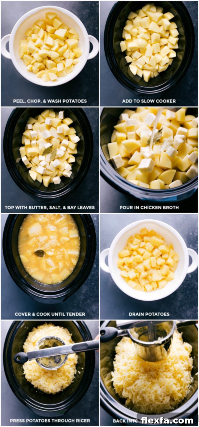 Chopped potatoes being added to a slow cooker with butter, salt, bay leaves, and chicken broth, then cooked, drained, pressed through a ricer, and returned to cooker.