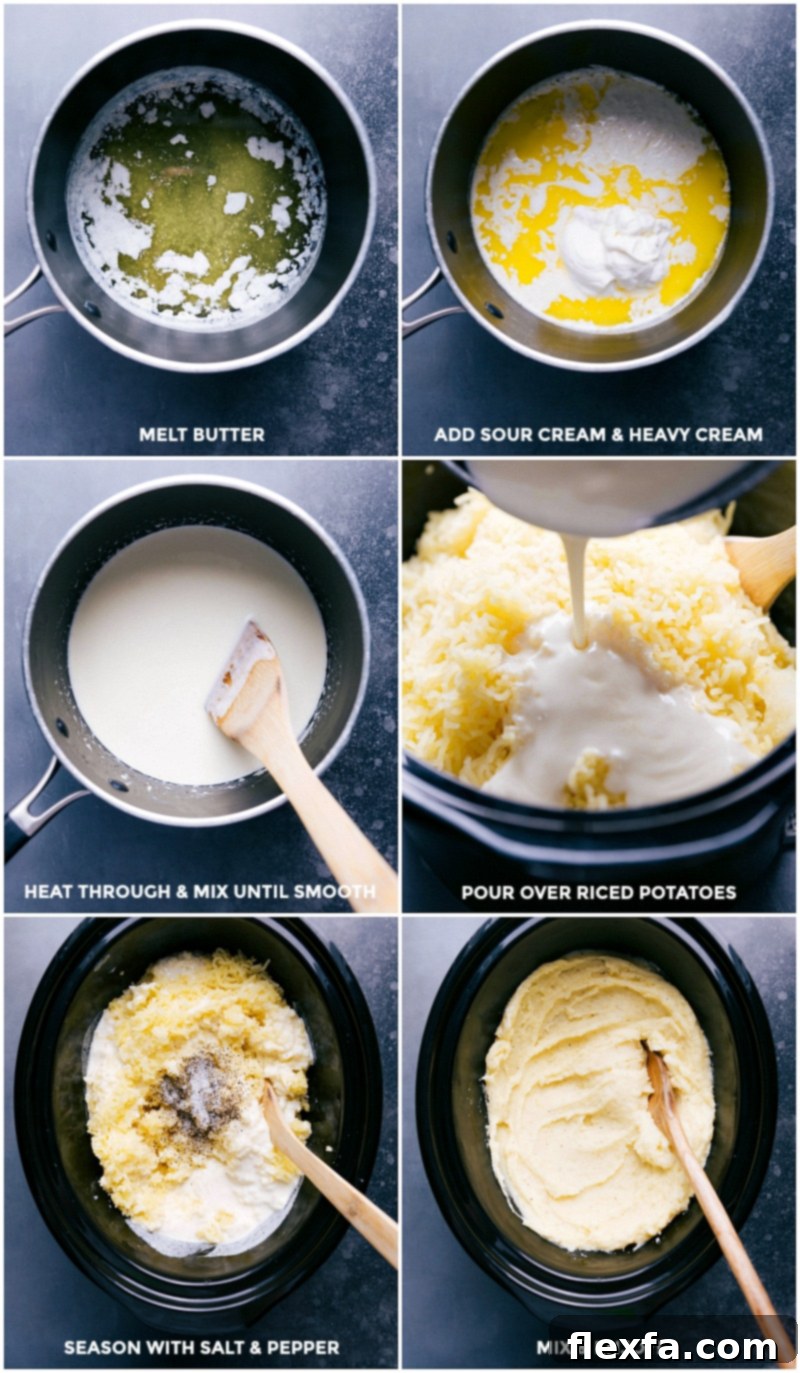 Cream sauce being prepared and added to mashed potatoes, seasoned with salt and pepper, mixed together and ready to serve.