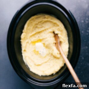 Creamy crockpot mashed potatoes, perfectly seasoned and ready to be enjoyed.