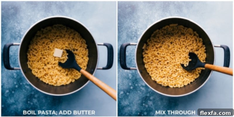 Process shots showing dry elbow macaroni pasta being poured into a large pot, followed by a knob of unsalted butter added to the cooked pasta, illustrating the initial steps of the recipe.