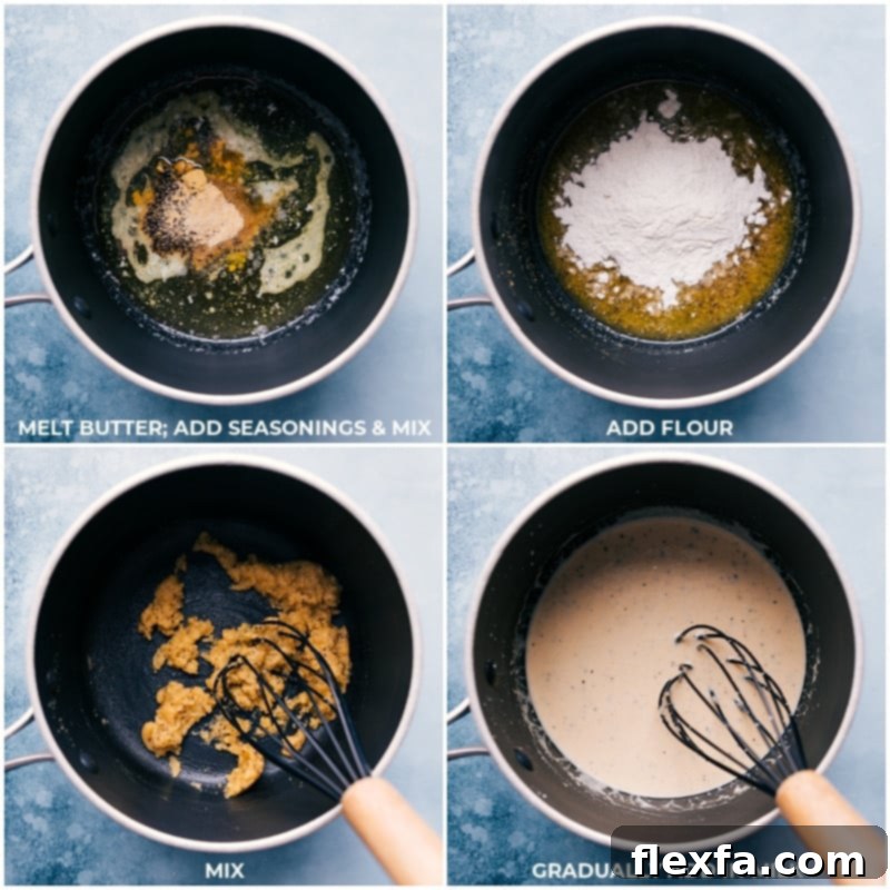 Process shots illustrating the cheese sauce preparation: butter melting in a pot, followed by seasonings and flour being whisked in to form a roux, and finally, milk being gradually added and mixed to create a smooth sauce.