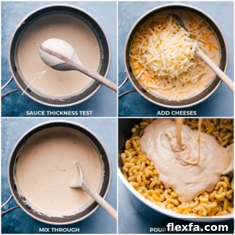 Process shots showing the freshly shredded cheese being gently stirred into the creamy cheese sauce, followed by the complete cheese sauce being poured over the cooked elbow pasta and mixed thoroughly until every noodle is coated.