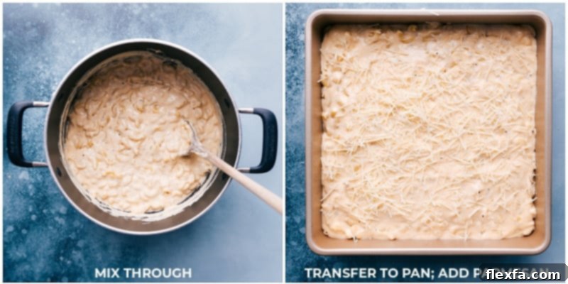 Process shots showing the finished mac and cheese mixture being transferred into a baking pan, followed by a generous sprinkling of freshly grated Parmesan cheese over the top.
