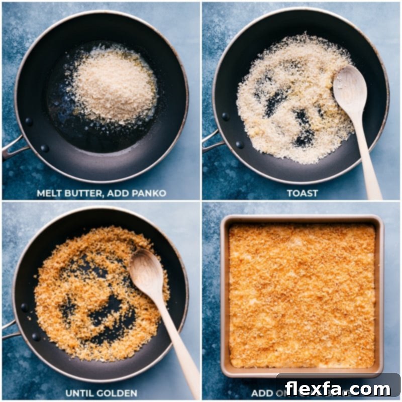 Process shots of Baked Mac and Cheese showing the golden-brown toasted panko topping being generously sprinkled over the dish, ready for its final bake to achieve ultimate crispiness.