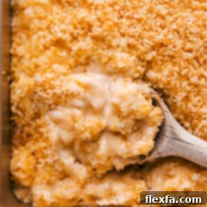 A perfectly baked mac and cheese in a rustic baking dish, garnished with fresh herbs and a golden-brown crispy panko topping, ready for serving.