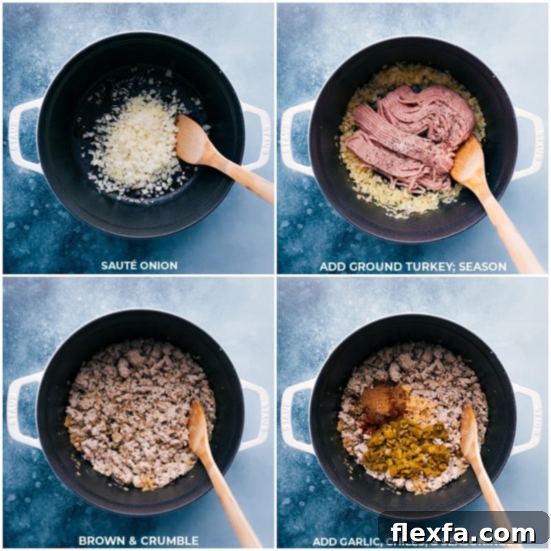 Process shots showing lean ground turkey being sautéed with diced onions and fresh garlic, seasoned with a blend of aromatic spices, creating a fragrant base for the chili.