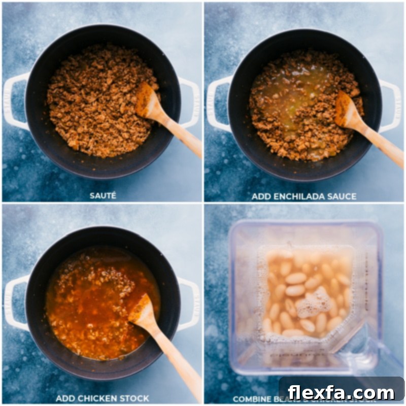 Process shots illustrating the addition of green enchilada sauce and chicken stock to the pot, followed by blending a portion of the white beans with broth to create a creamy thickening agent.