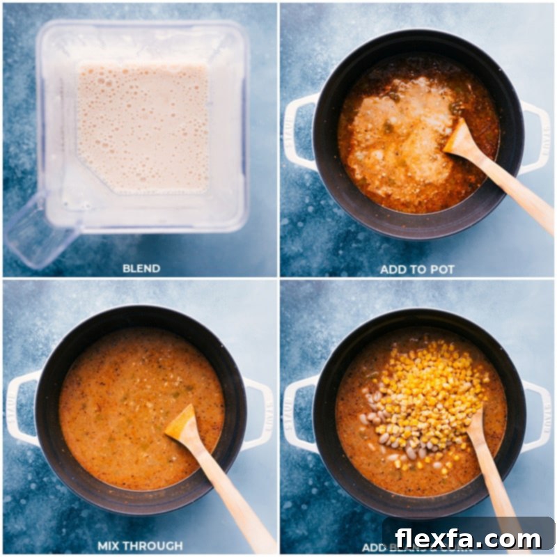 Process shots illustrating the blending of white beans with chicken stock, then adding the creamy mixture to the chili pot, followed by stirring in the remaining whole beans and corn for a hearty texture.