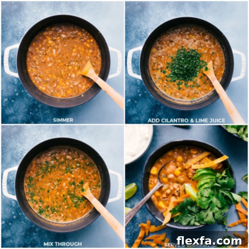 A large pot of White Turkey Chili simmering gently on the stovetop, with fresh cilantro and lime wedges being added, ready for a final stir before serving with an array of delicious toppings.