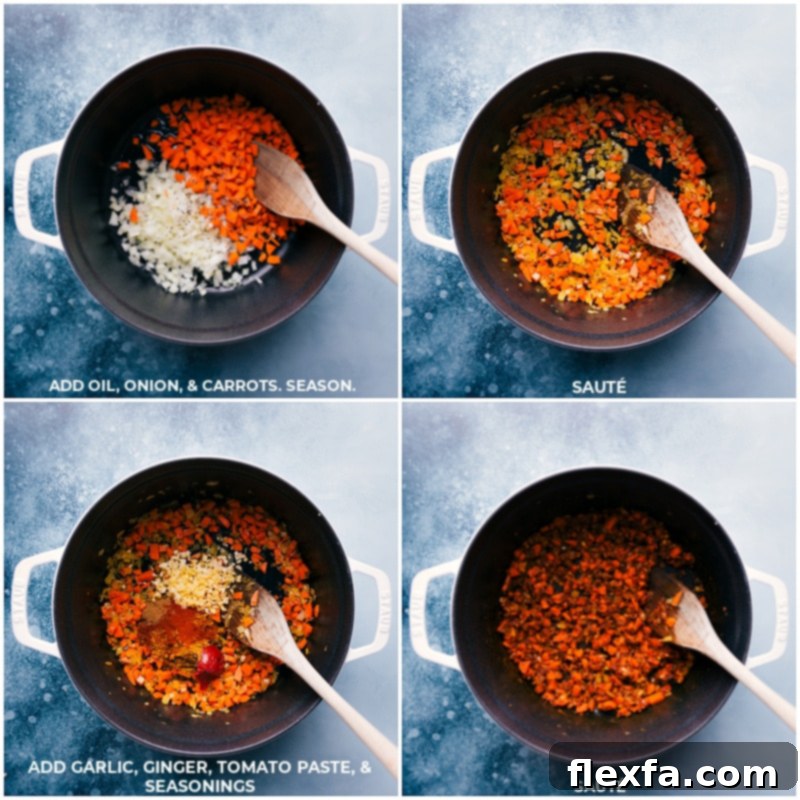 Step-by-step images showing coconut oil, onion, carrots, garlic, ginger, tomato paste, and various seasonings being added and sautéed in a pot.