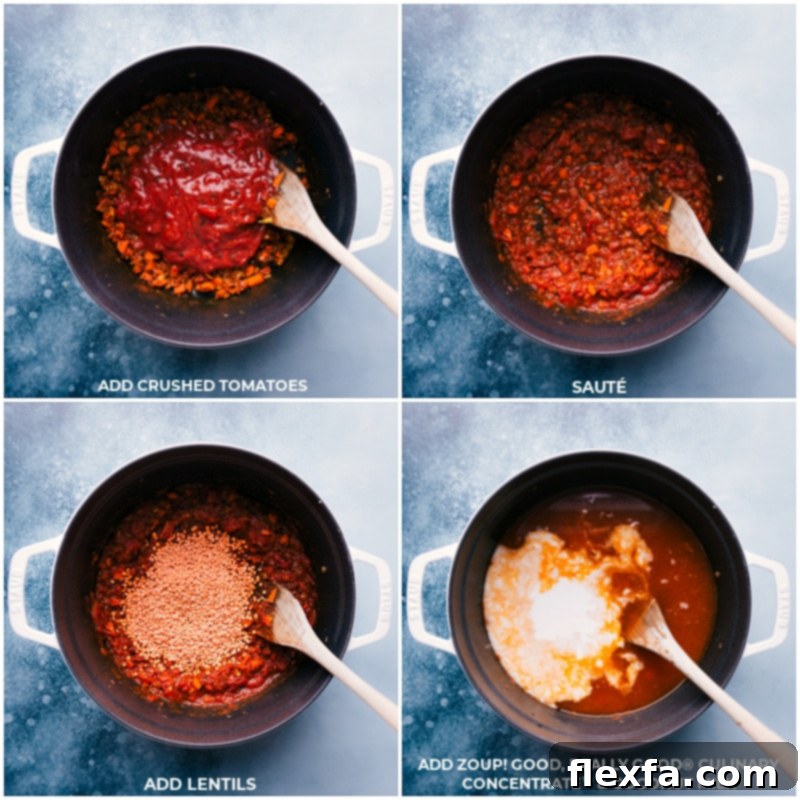 Step-by-step images showing crushed tomatoes, lentils, vegetable broth, and coconut milk being added to the simmering chickpea soup mixture.