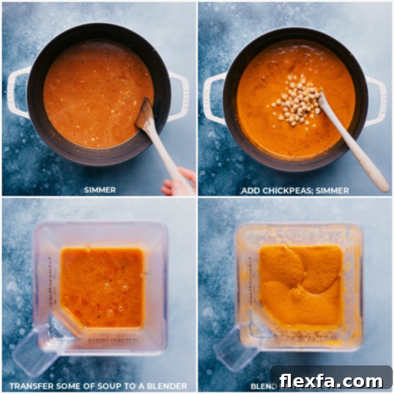 Step-by-step images showing chickpeas being added to the soup and then a portion of the soup being transferred to a blender for puréeing.