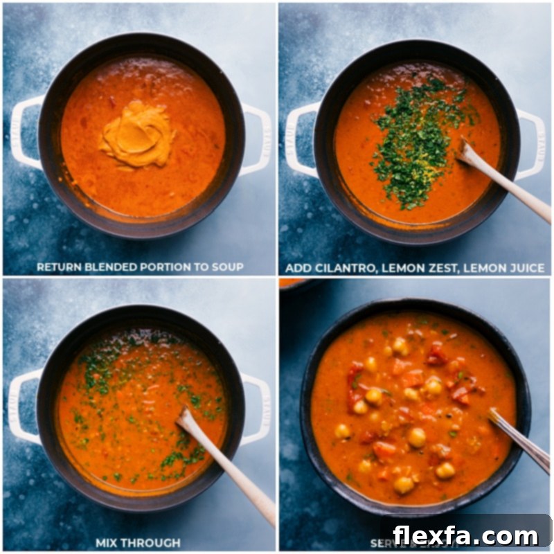 Step-by-step images showing fresh cilantro, lemon zest, and lemon juice being added and mixed into the finished chickpea soup.