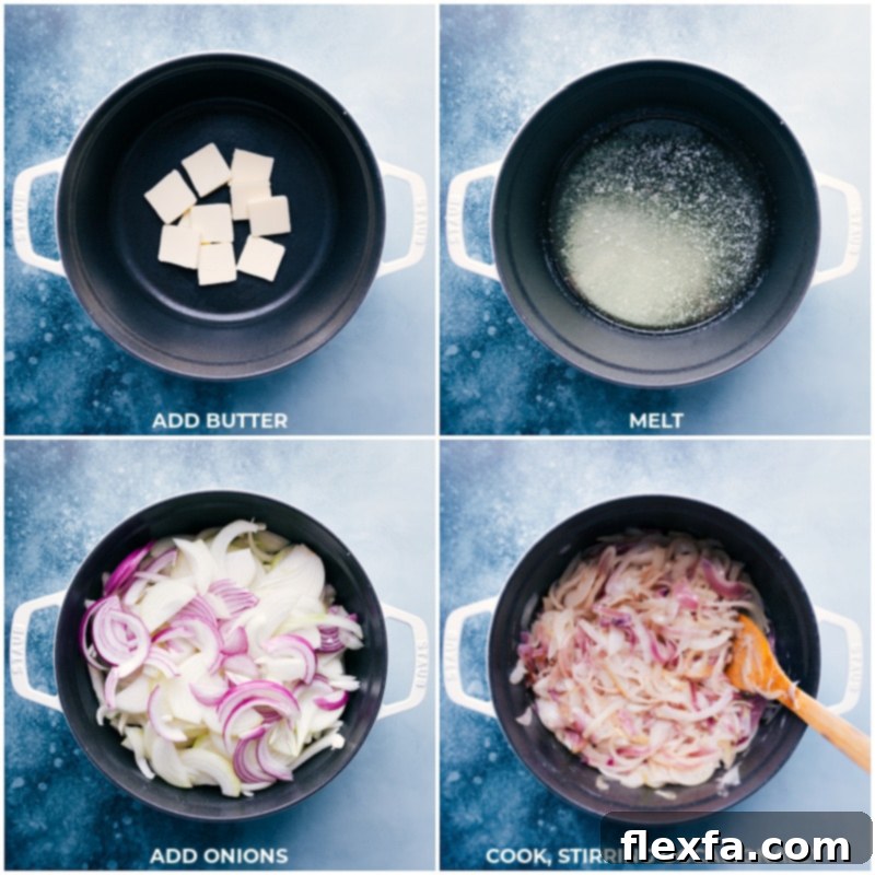 Process shots of making French onion soup, showing butter melting in a large pot, followed by sliced onions being added and beginning to soften.