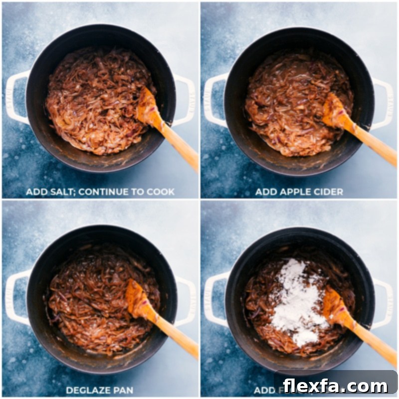Process shots showing stages of French onion soup preparation: adding salt to the onions, pouring in apple cider to deglaze, and stirring in flour to create a roux.