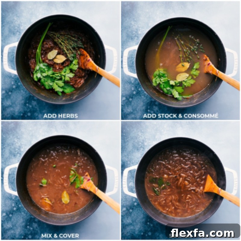 Process shots of French onion soup, showing fresh herbs (thyme and parsley), beef consommé, and chicken stock being added to the caramelized onions, followed by the mixture simmering.