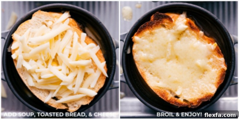 Process shots showing the final steps of preparing French onion soup: placing toasted bread on top, adding a generous layer of shredded cheese, and the finished soup ready for broiling.