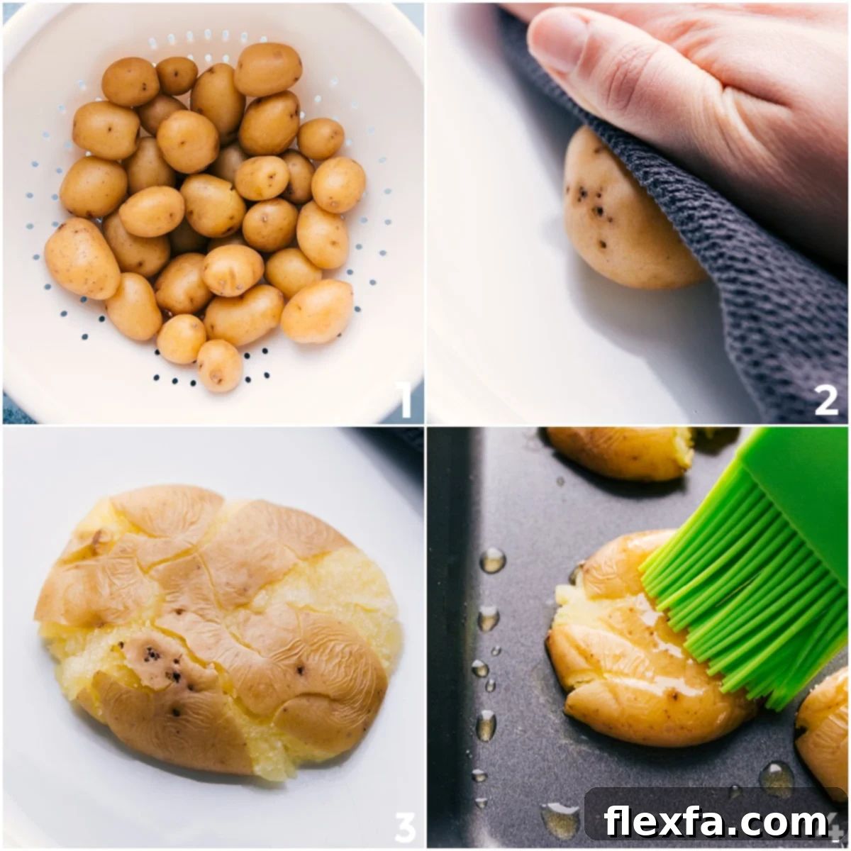 A visual guide showing potatoes washed, boiled, perfectly smashed, and oiled on a baking sheet, ready for roasting for this smashed potatoes recipe.