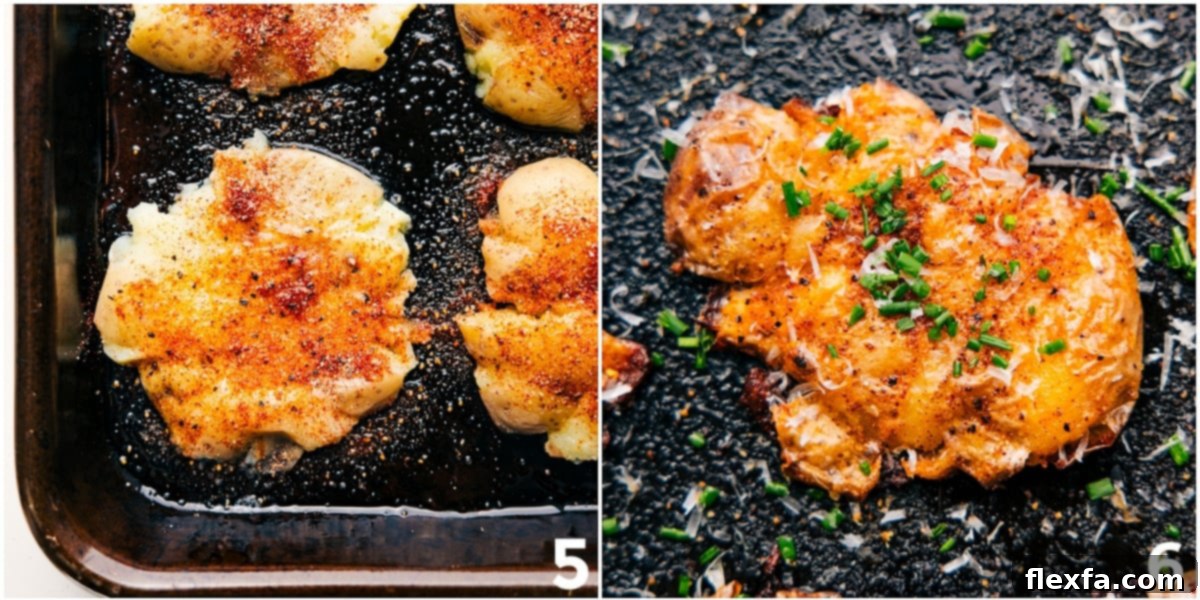 Seasoned and roasted smashed potatoes, garnished with freshly grated Parmesan and vibrant chives, showcasing their crispy and delicious appeal.