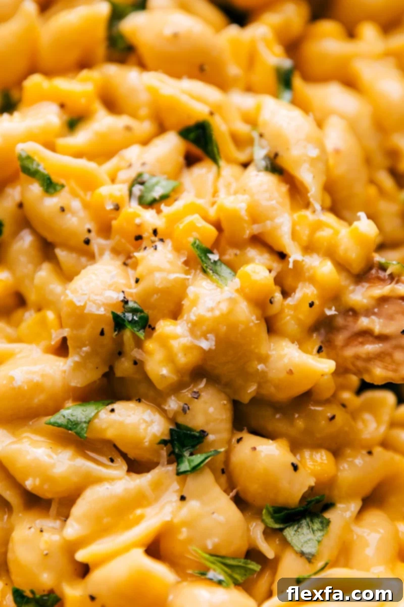 This creamy and secretly healthy Corn Pasta is a ridiculously creamy pasta made without any cream or milk. What's the secret? Creamed corn! This unforgettably tasty pasta can be enjoyed any time of the year, thanks to canned and frozen produce! Recipe via ChelseasMessyApron.com #cheesy #veggies #comfortfood #creamy #thick #pasta #corn Creamy Corn Pasta with fresh basil, showcasing the rich texture without cream or milk.