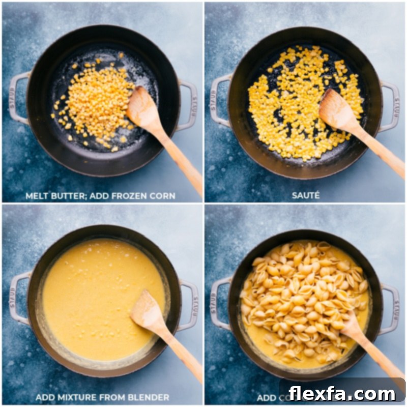 Corn Pasta is a ridiculously creamy pasta made without any cream or milk. What's the secret? Creamed corn! This unforgettably tasty pasta can be enjoyed any time of the year, thanks to canned and frozen produce! Recipe via ChelseasMessyApron.com #cheesy #veggies #comfortfood #creamy #thick #pasta #corn Process shot: Melting butter, sautéing frozen corn, adding the blended creamed corn mixture, and finally adding cooked pasta to combine.