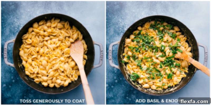 This creamy and secretly healthy Corn Pasta is a ridiculously creamy pasta made without any cream or milk. What's the secret? Creamed corn! Recipe via ChelseasMessyApron.com #cheesy #veggies #comfortfood #creamy #thick #pasta #corn Process shot: Tossing the creamy corn pasta gently to coat, then adding fresh basil and serving.