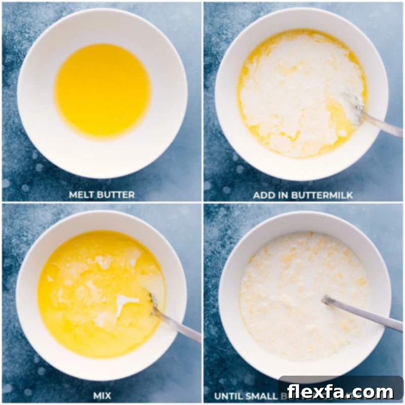Process shot: Melted butter and buttermilk are mixed until small clumps form, a crucial step for tender biscuits.