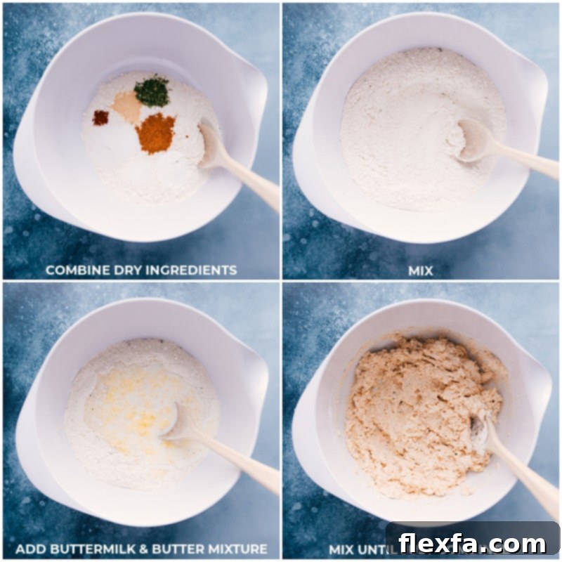 Process shots: Dry ingredients are combined, followed by the buttermilk-butter mixture, then gently mixed.