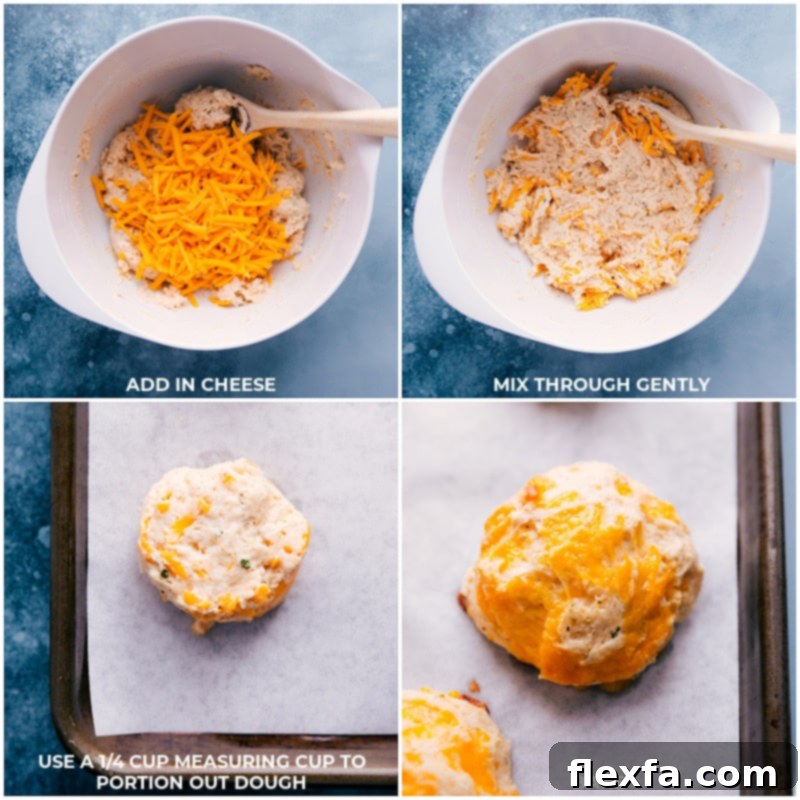 Process shots of the red lobster biscuits: shredded cheese added to dough, gently mixed, scooped onto pan, and baked.