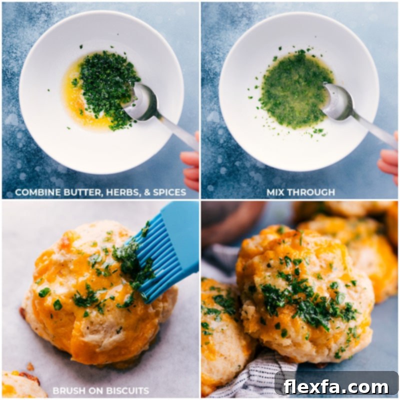Process shots: melted butter, fresh herbs, and spices are combined and brushed onto warm biscuits for a perfect finish.