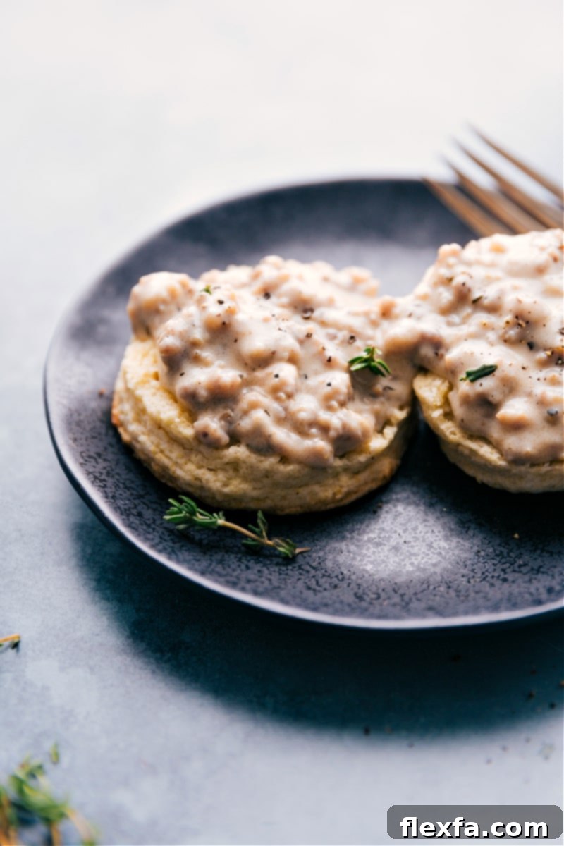 Classic Biscuits and Gravy with flaky biscuits and creamy sausage gravy