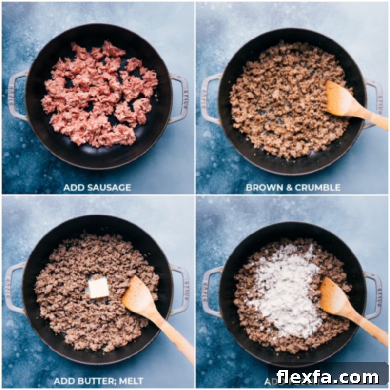 Process shots: Browning and crumbling sausage, adding butter, and sprinkling flour into the pan for gravy base.