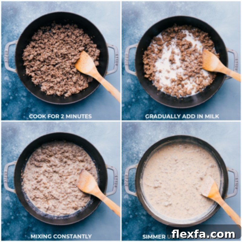 Process shots: Cooking sausage and flour, then gradually adding milk and simmering until the gravy thickens to perfection.