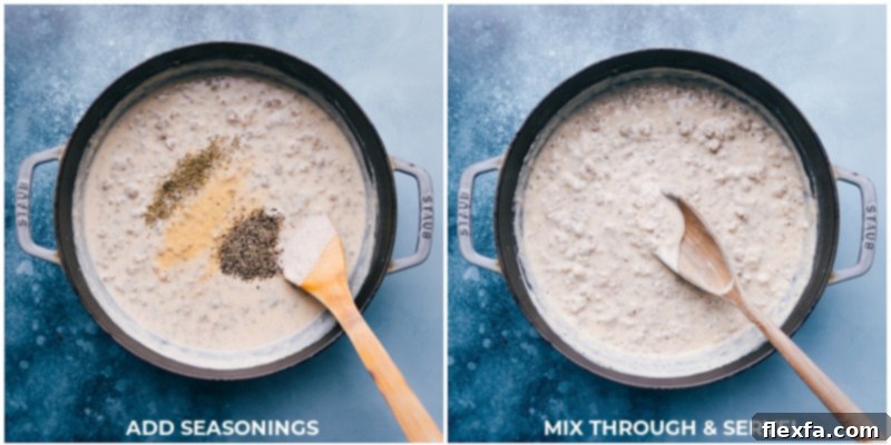 Process shots: Adding seasonings to the thickened sausage gravy, mixing thoroughly, and preparing to serve.