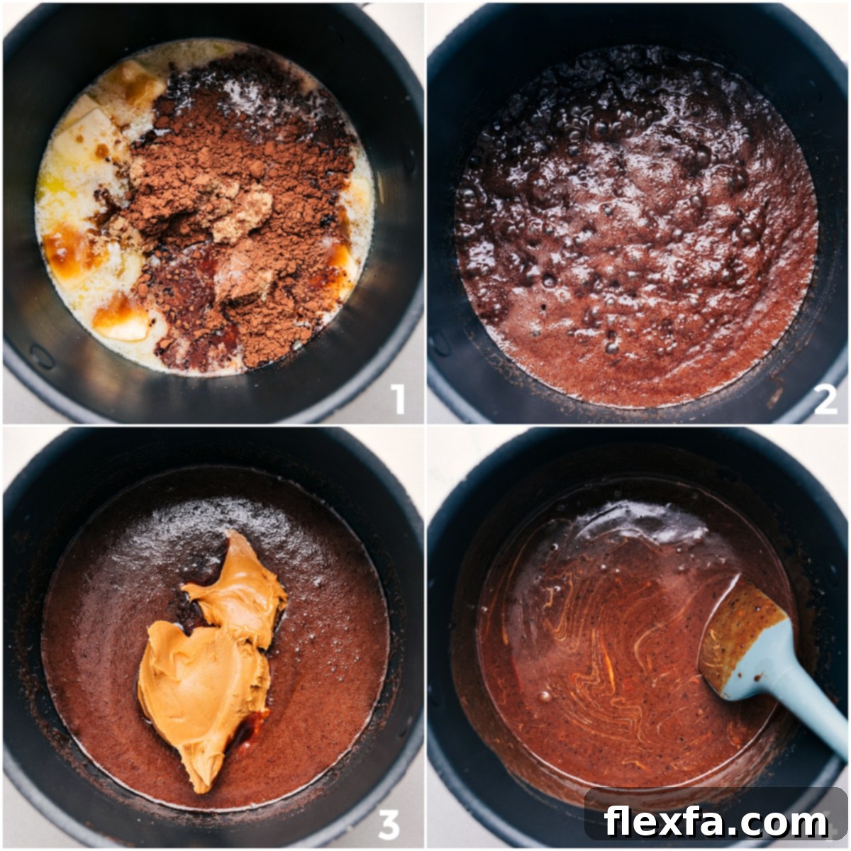 Butter, milk, sugars, salt, and cocoa melting together in a saucepan, being stirred to create the smooth chocolate base for the no bake cookies.