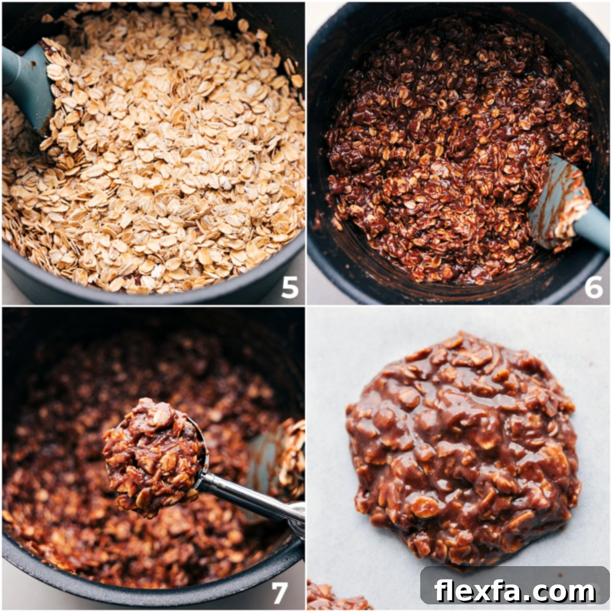 A batch of no bake cookies being scooped onto parchment paper, showing the rich chocolate-peanut butter and oat mixture.