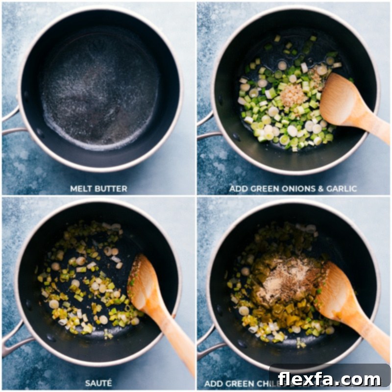 Process shots-- images of the butter, green onions, garlic, green chiles, and seasonings