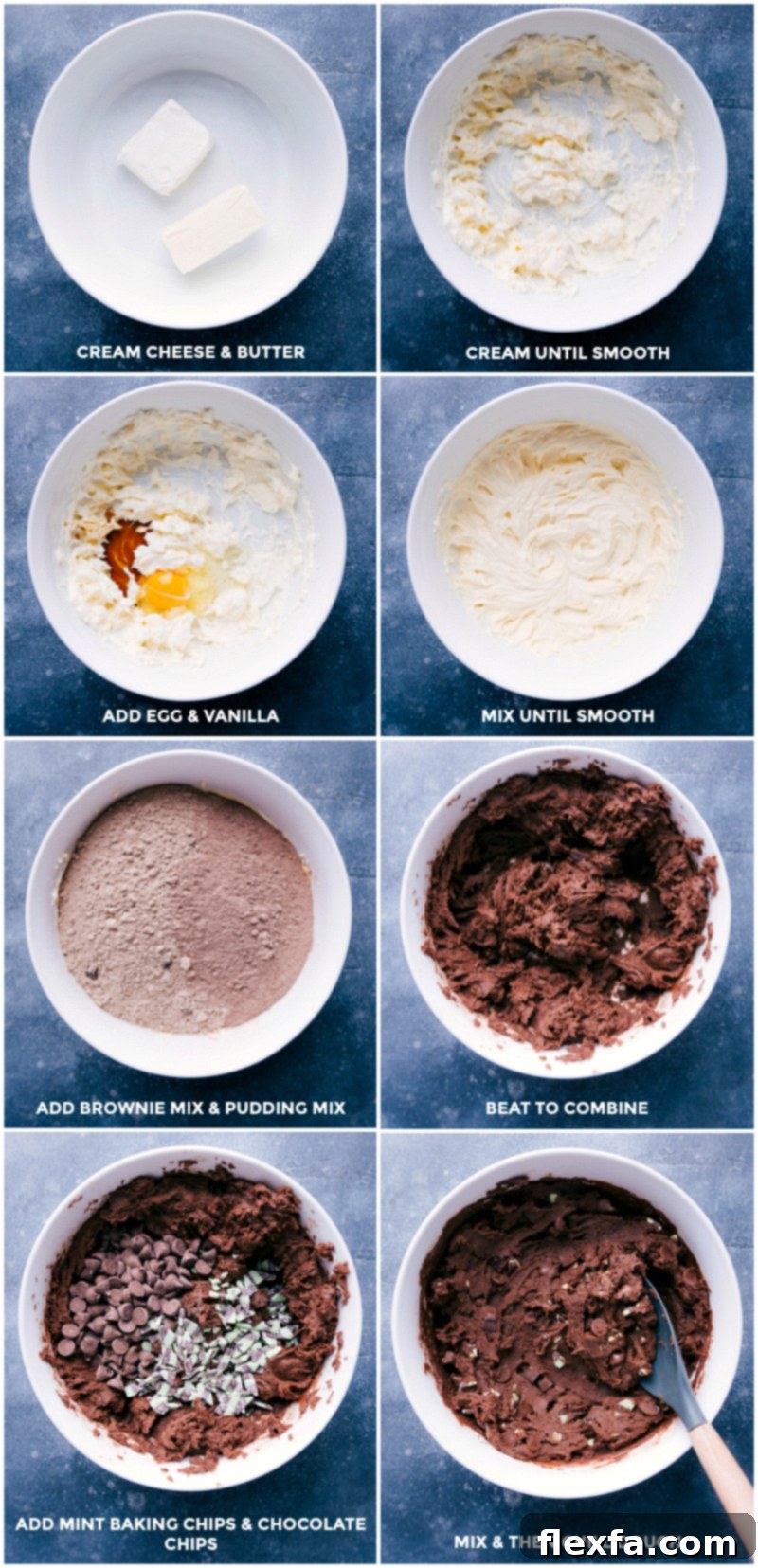 Step-by-step process of making Mint Brownie Cookies: creaming butter and cream cheese, adding egg and vanilla, mixing in brownie and pudding mixes, folding in chocolate and mint chips, and chilling the dough.