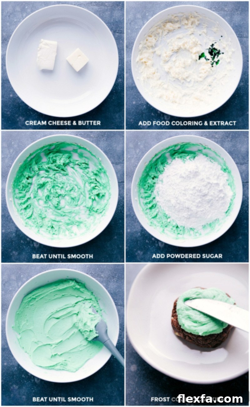 Step-by-step process of making Mint Brownie Cookie frosting: adding food coloring and peppermint extract to creamed butter and cream cheese, beating until smooth, incorporating powdered sugar, and spreading the finished frosting onto cooled cookies.