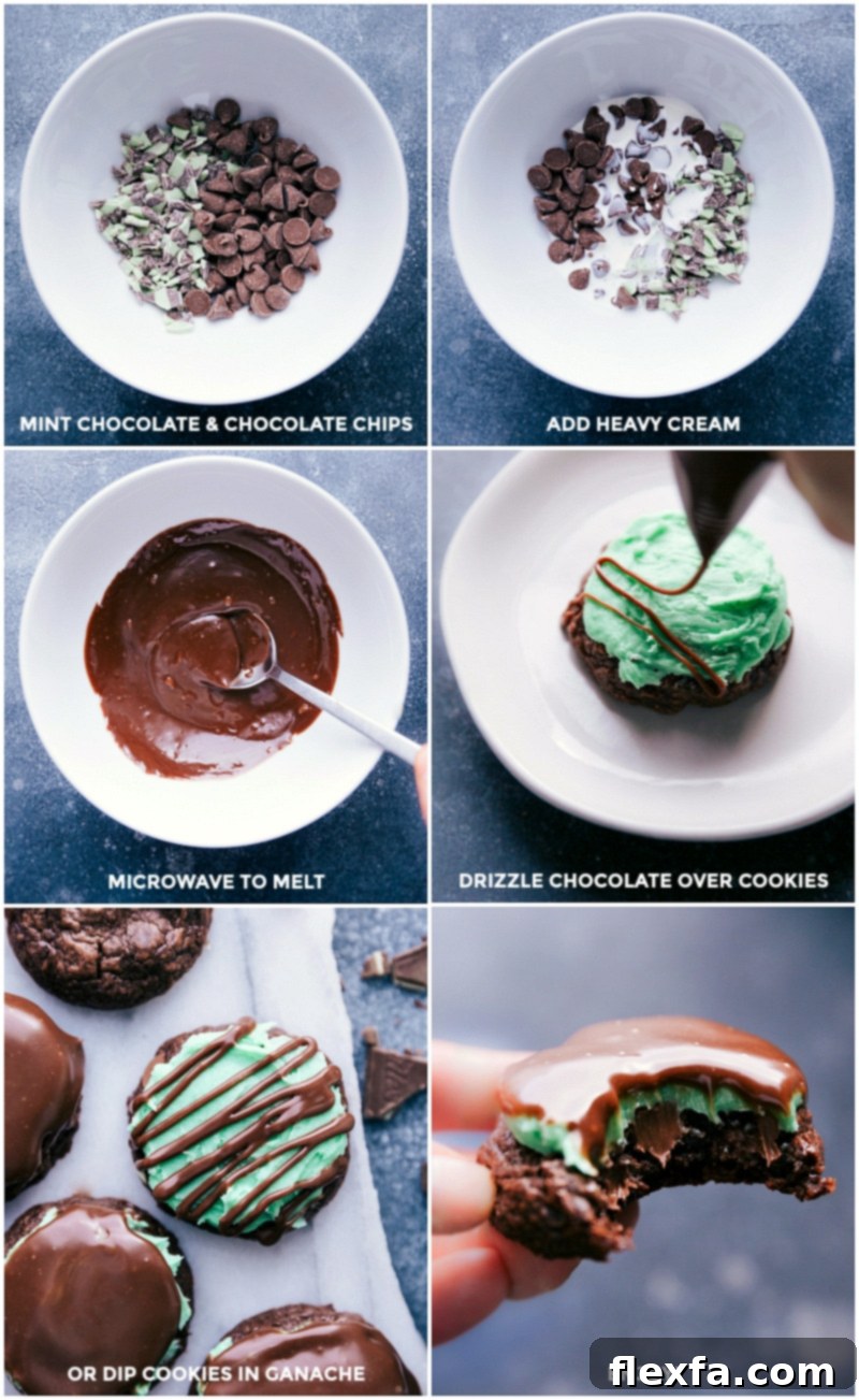 Process of making chocolate mint ganache: mint chocolate chips and chocolate chips in a bowl, heavy cream added, melted in microwave, and then drizzled or dipped over cookies.