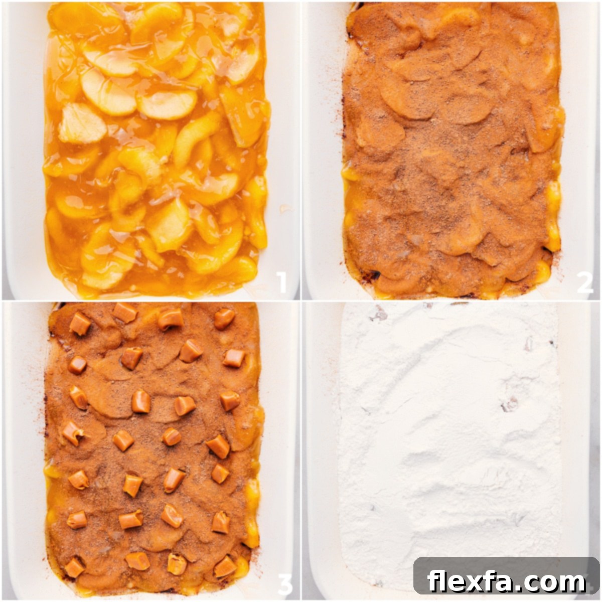 How To Make Apple Dump Cake Step-by-step process of layering apple pie filling, cake mix, spices, and caramels in a 9x13 inch baking pan for the dump cake.
