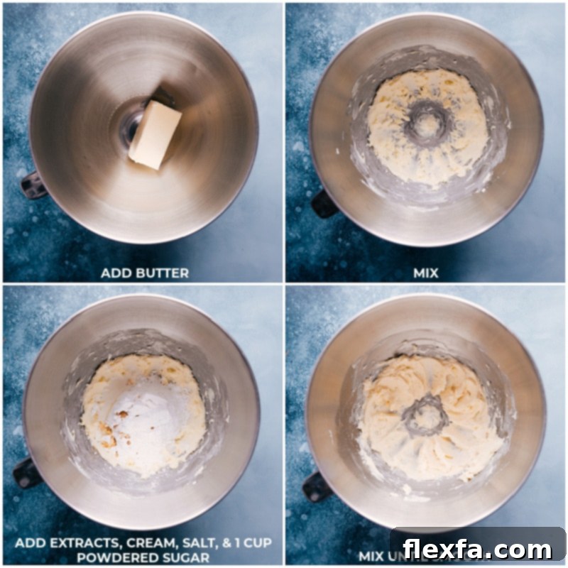 Step-by-step process shots showing butter, powdered sugar, heavy cream, vanilla extract, peppermint extract, and salt being mixed together in a stand mixer to form the butter mint dough.
